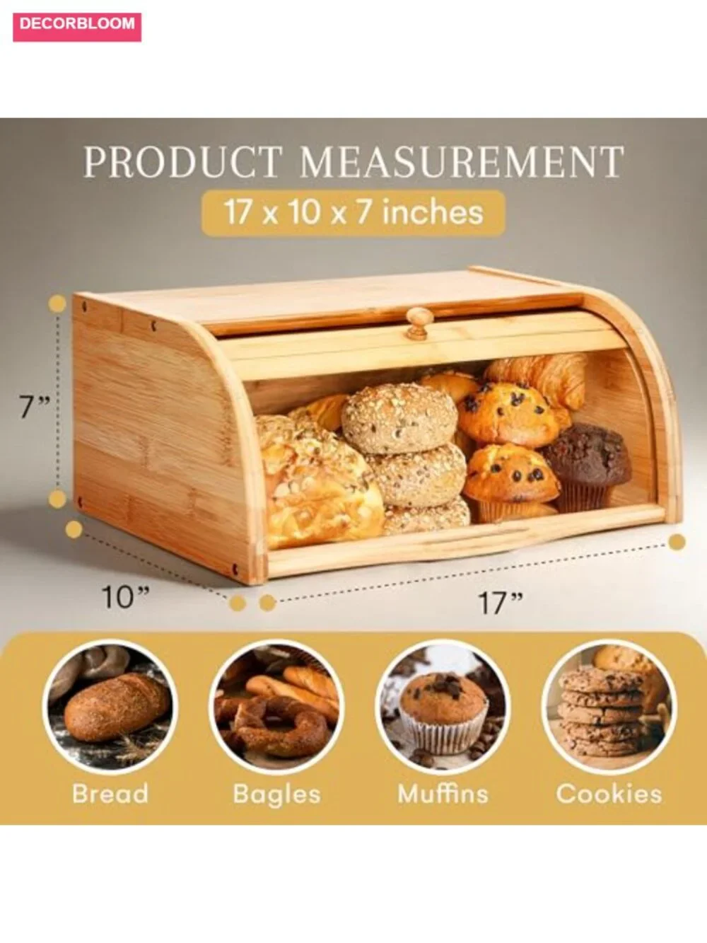 Bamboo Bread Box with Roll-Top Vintage Style Breadbox for Kitchen Counter